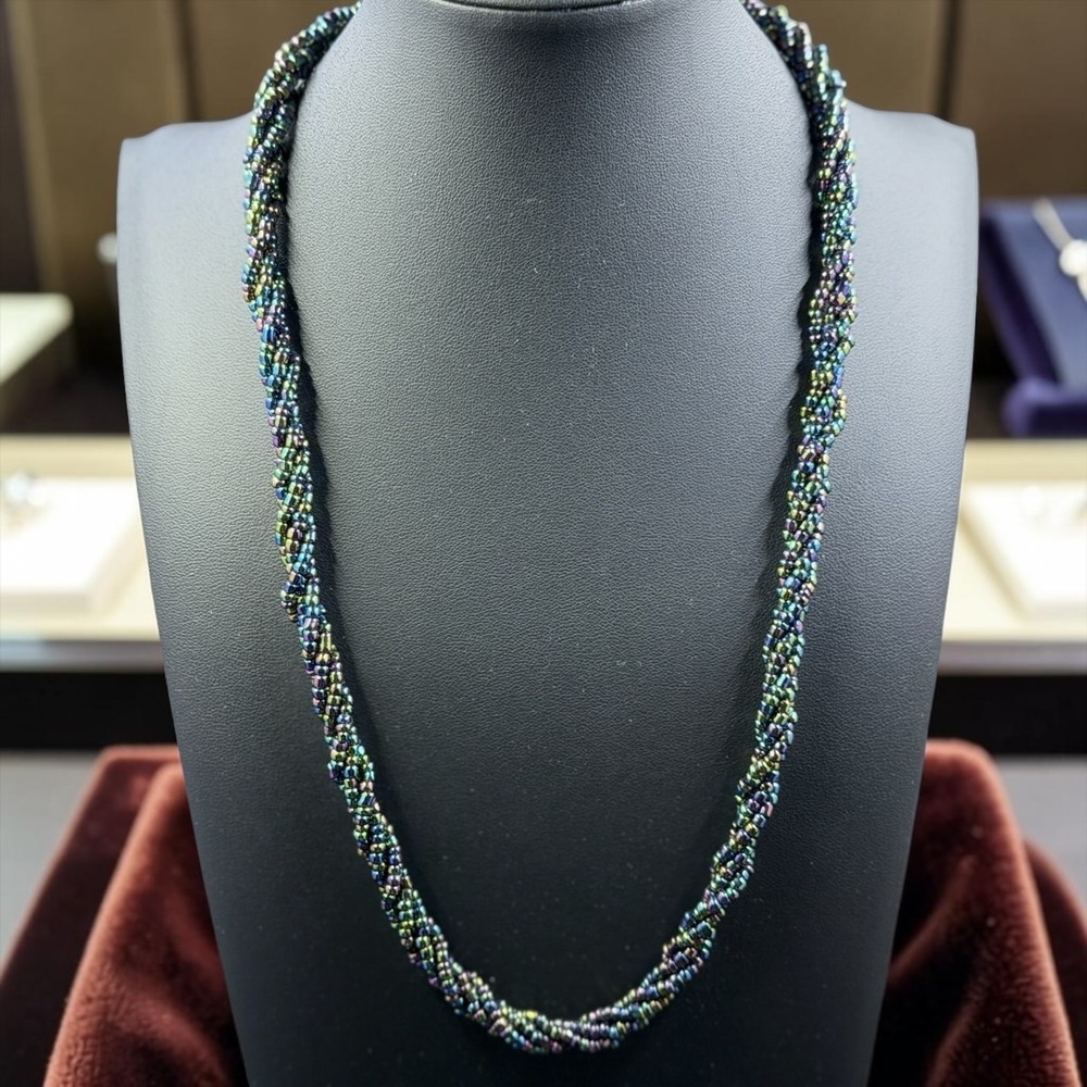 Handmade Seed Bead Rope Necklaceโ Iridescent Glass Twist Boho 24" Statement